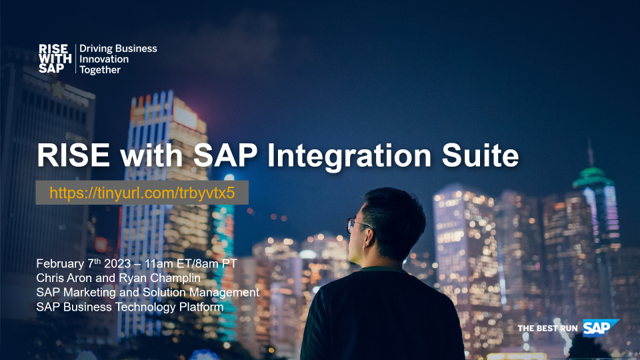 chrisaron's tweet photo. Presenting to SAP partners with Ryan Champlin on February 7th at 11am ET on the topic of how #integration helps @SAP customers with their #risewithsap initiatives. Register here: https://t.co/DS0dwxztMi (SAP partner access required). Looking forward to a great session! #sapbtp https://t.co/vRbSRAlJ2s