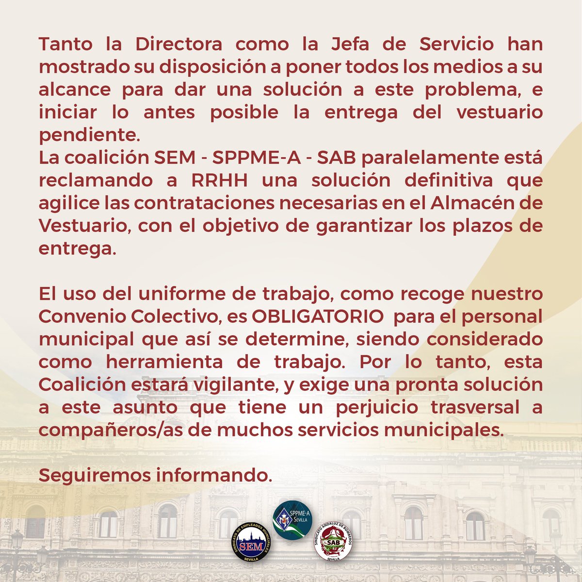 🚨 volvemos para informar sobre la ENTREGA de UNIFORMIDAD de INVIERNO.

¡Desliza para leer el comunicado completo y compártelo si crees que puede ser de interés!

<a href="/SEMaytodSevilla/">SEM. SINDICATO DE EMPLEADOS MUNICIPALES</a> <a href="/SppmeaSevilla/">SPPME-A SEVILLA</a>