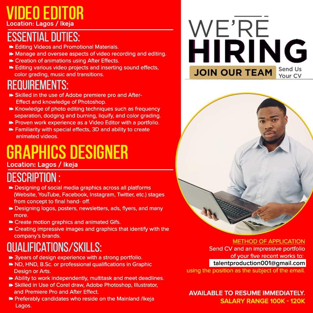 Epicrich Consulting 🇳🇬 on Twitter: "We are urgently hiring creative and  organized professionals to join our team as a Graphic Designer and Video  Editor who will be designing and editing variety of