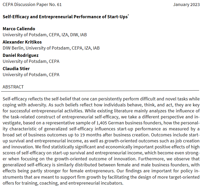 cepa_unipotsdam's tweet photo. Self-Efficacy is the self-belief that one can cope with adversity,persistently performing difficult &amp; novel tasks. In a new DP,@MCcaliendo, @A_S_Kritikos, @DanielRodGuio &amp; Claudia Stier show that self-efficacy relates to better entrepreneurial performance: https://t.co/n50CAgut7r https://t.co/0mUxxeiZNM