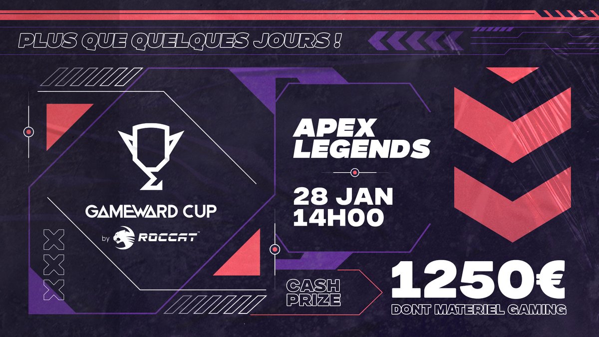 On gagne des LAN et on organise des tournois 😎

Plus que quelques jours pour vous inscrire à la GameWard Cup by <a href="/ROCCATFrance/">Turtle Beach France (ex ROCCAT)</a> sur <a href="/PlayApexEsports/">Apex Legends Esports</a> 😍

Cast by <a href="/Cyqop/">Cyqop</a> &amp; <a href="/GonzalesApex/">Gonzales</a> 🎙️

💸 1250€ dont des périphs @ROCCAT !

📝 Pour s'inscrire : play.toornament.com/fr/tournaments…
