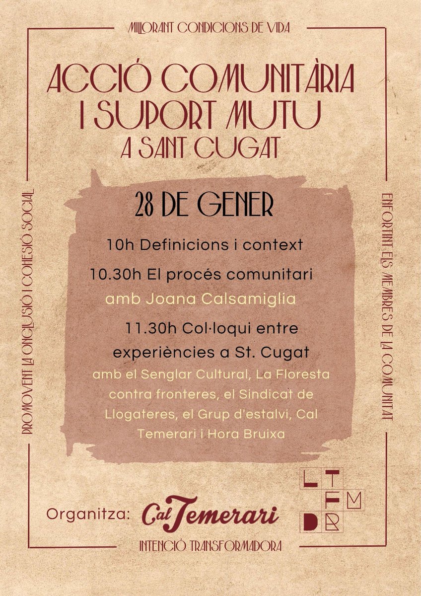 CalTemerari's tweet photo. 🤝Aquest dissabte tenim preparada una jornada per parlar sobre l'acció comunitària i el suport mutu, pilars elementals de qualsevol societat. 

I ho farem plegats amb tota una colla de col·lectius que vindran a explicar-nos la seva experiència. Els coneixeu?

Comencem! https://t.co/PcKgCAzrMn