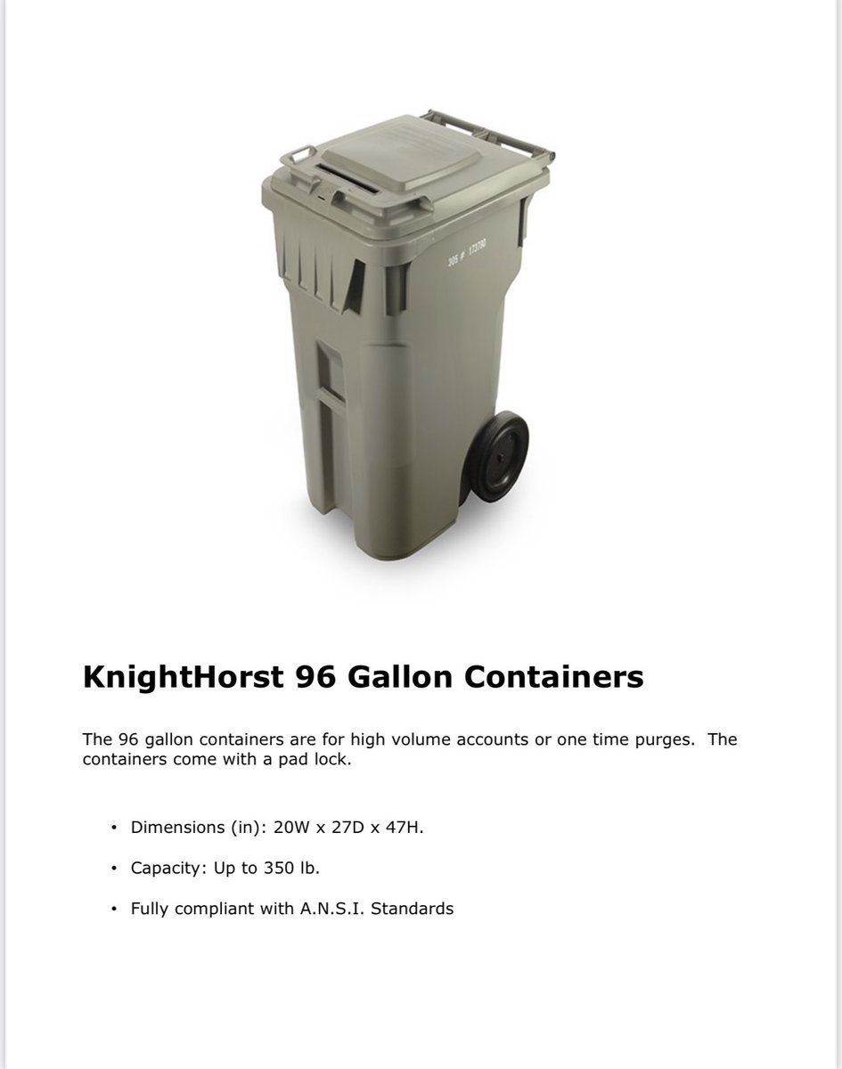 KnightHorst's tweet photo. Our 96 gallon container is a great choice for larger shredding needs.  It is lockable for compliance and holds over 300 lbs.  

#knighthorstshredding #shreddingservices https://t.co/yUMFR4kx0g