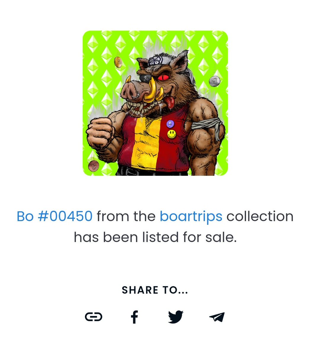 By NFTStrips 🤜🤛 🐗

BOARTRIPS!!! HANDMADE. 
#token - Erc 1155. Quantity max in gallery 10000 units.

👌👌 Let's go!

#NFTs  #nftopensea #NFTspace #shibadoge 🤝
#NFTGiveaway #NFTCommunity #NFTCollection  #OpenSeaNFT #OpenSeaCommunity  #NFTdrop #Ethereum  #NFTGiveaway #Metaverse