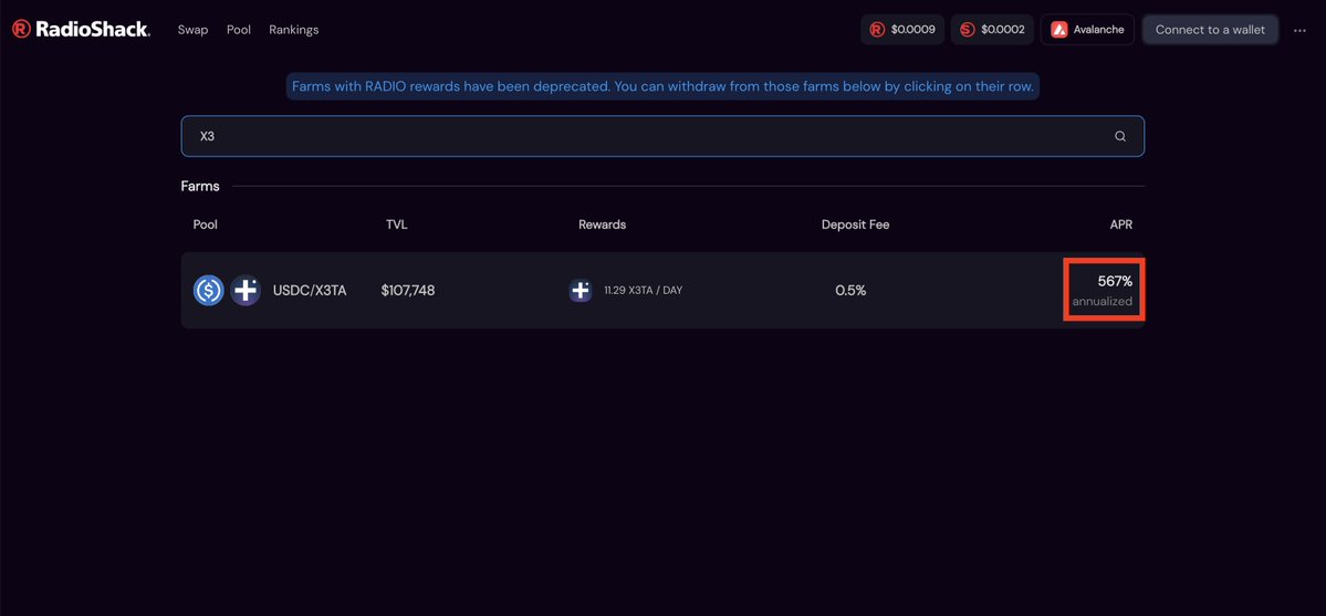 XETALLC's tweet photo. Did you know that $X3TA liquidity providers currently earn 500+% annualized APR for providing liquidity on RadioShack DEX?

👉 https://t.co/ipEgoSbWjf

Join our Discord to learn more:
https://t.co/0lutNpXKEH

#XETAcapital #X3TA #defi #LP #AVAX https://t.co/eikBFeP7eQ