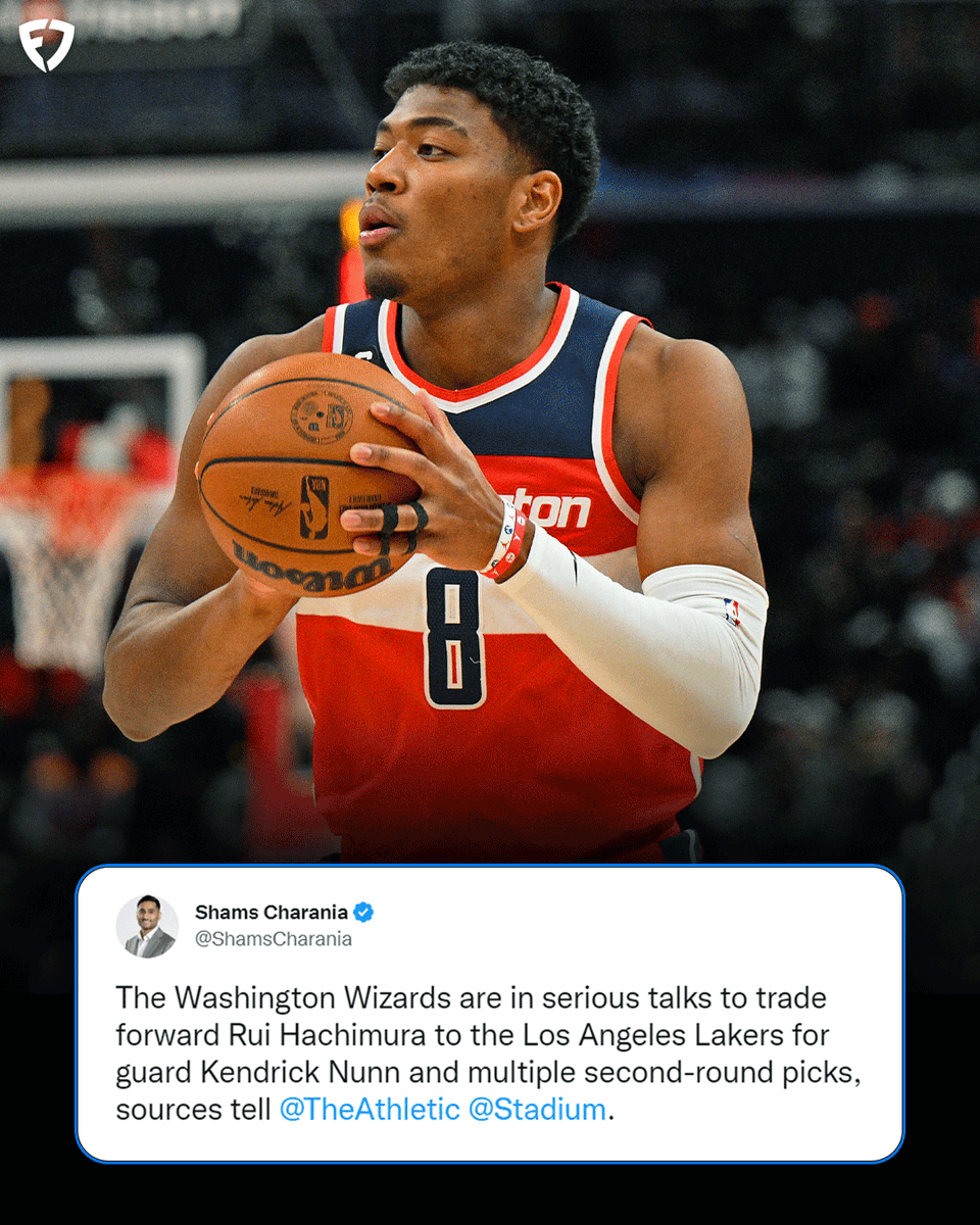 FanDuel's tweet photo. 🚨 BREAKING: The Wizards are finalizing a trade to send Rui Hachimura to the Lakers for Kendrick Nunn and multiple second-round picks, per @ShamsCharania 

TRADE DEADLINE SZN IS HERE 🍿 https://t.co/Vplm8Fspro