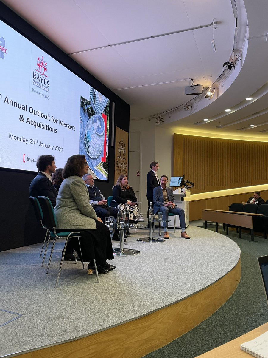 Attending <a href="/BayesBSchool/">Bayes Business School</a> MARC M&amp;A Outlook event this evening hosted by <a href="/scottmoeller/">Prof Scott Moeller</a> Deal volumes down, yes. But, valuations holding up and pipelines starting to move, say the panel, driven by some #privateequity + trade taking longer view, or after specific assets/technologies.