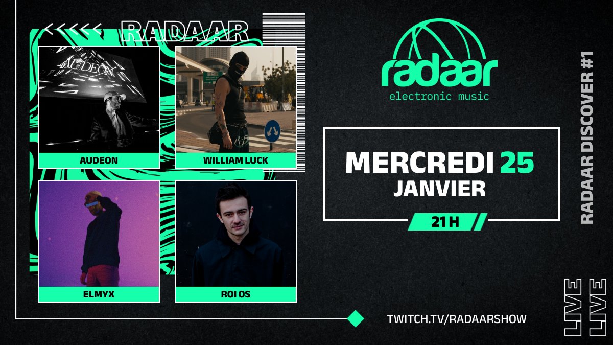 radaarshow's tweet photo. 1 émission Twitch, 4 artistes francophones, 4 interviews

Radaar Discover, c'est l'émission Twitch qui vous présente les artistes de musique électronique de demain! 

Pour l'épisode #1, on accueille @imAudeon, @williamluck_, @elmyxmusic et @ROIOSMUSIC !

RDV mercredi à 21h 📅 https://t.co/356XeFfBSy