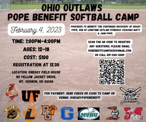 OhioOutlawsPope's tweet photo. Here is the updated flier with the QR code! Also please welcome Ursuline College to the list of coaches attending! https://t.co/kBQwKeZy6S