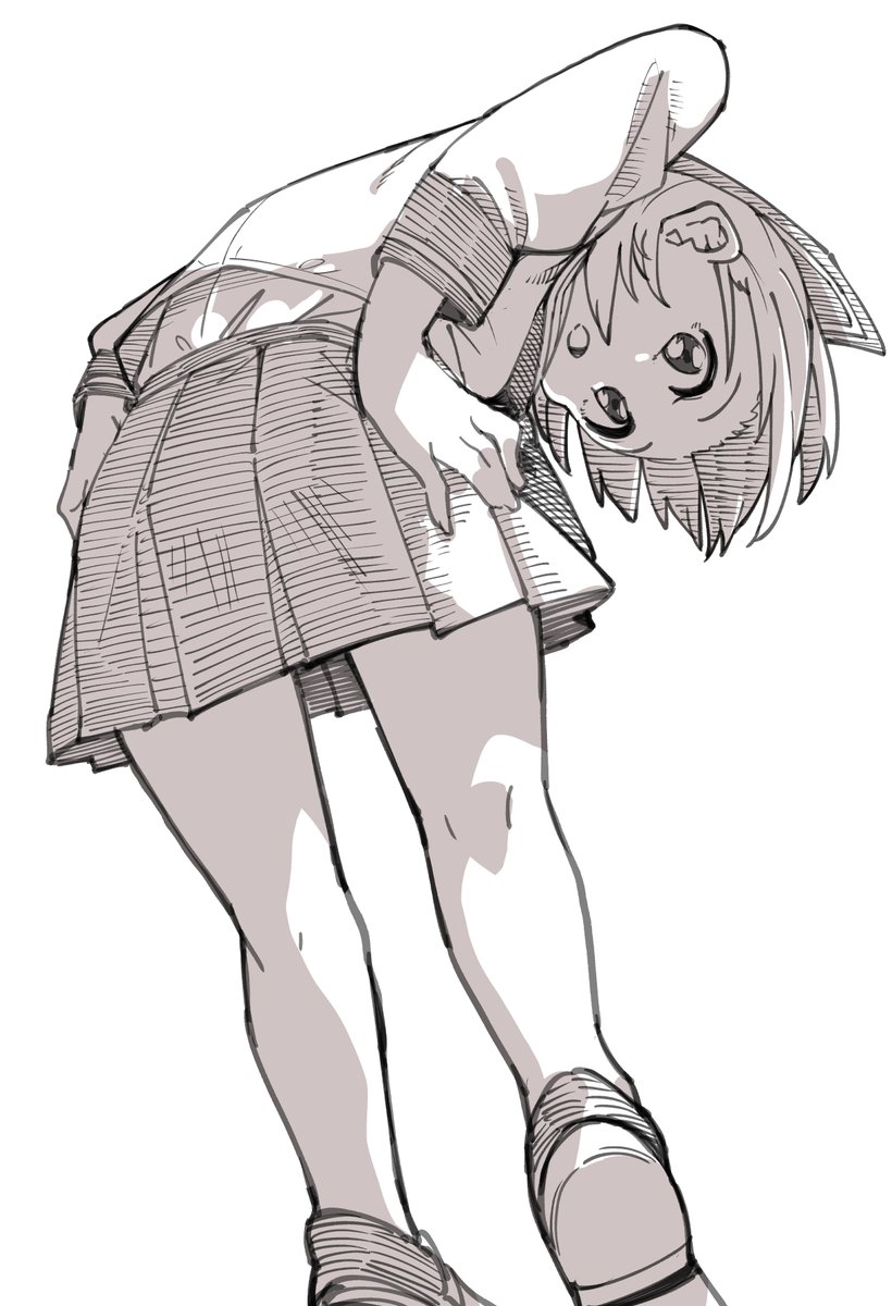 1girl greyscale looking back monochrome open mouth pleated skirt school uniform  illustration images