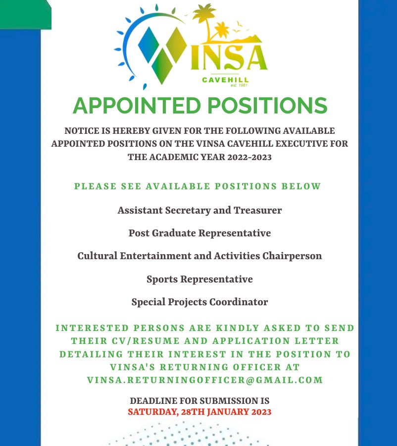 The application period for the remaining positions on the VINSA executive 2022/2023 are now open. Please send all resumes and CV’s to vinsa.returningofficer@gmail.com by Saturday, January 28th 2023. We encourage you to put yourself up for service.