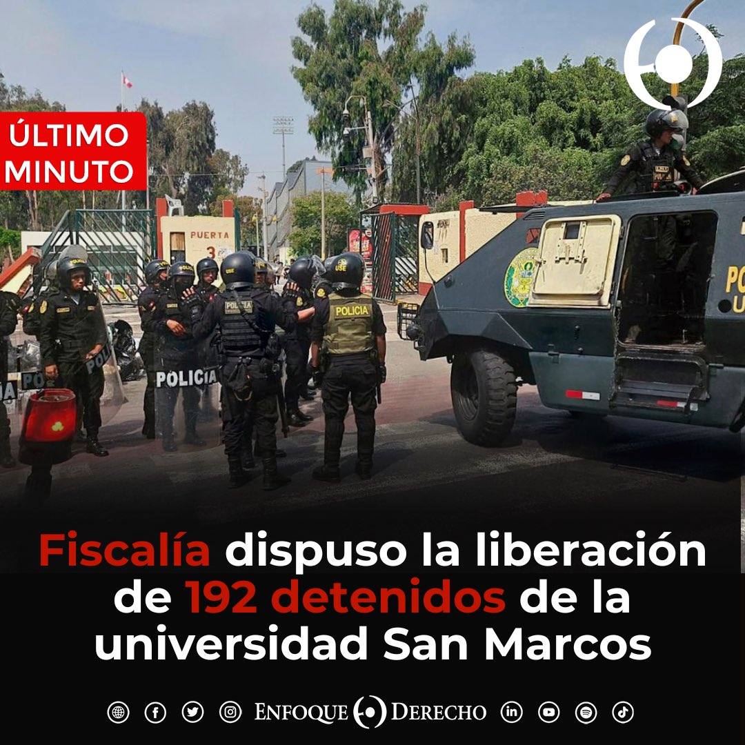 EnfoqueDerecho's tweet photo. #ÚltimoMinuto🚨

La #Fiscalía dispuso la liberación de 192 #detenidos en la #UNMSM, pese a que la rectora #JeriRamón justificó la toma. Asimismo, cabe resaltar que solo uno se quedó por una #requisitoria.

¿Estás de acuerdo con la decisión de la Fiscalía? ➡️ ¡Coméntanos! https://t.co/lEYhJK1nV7