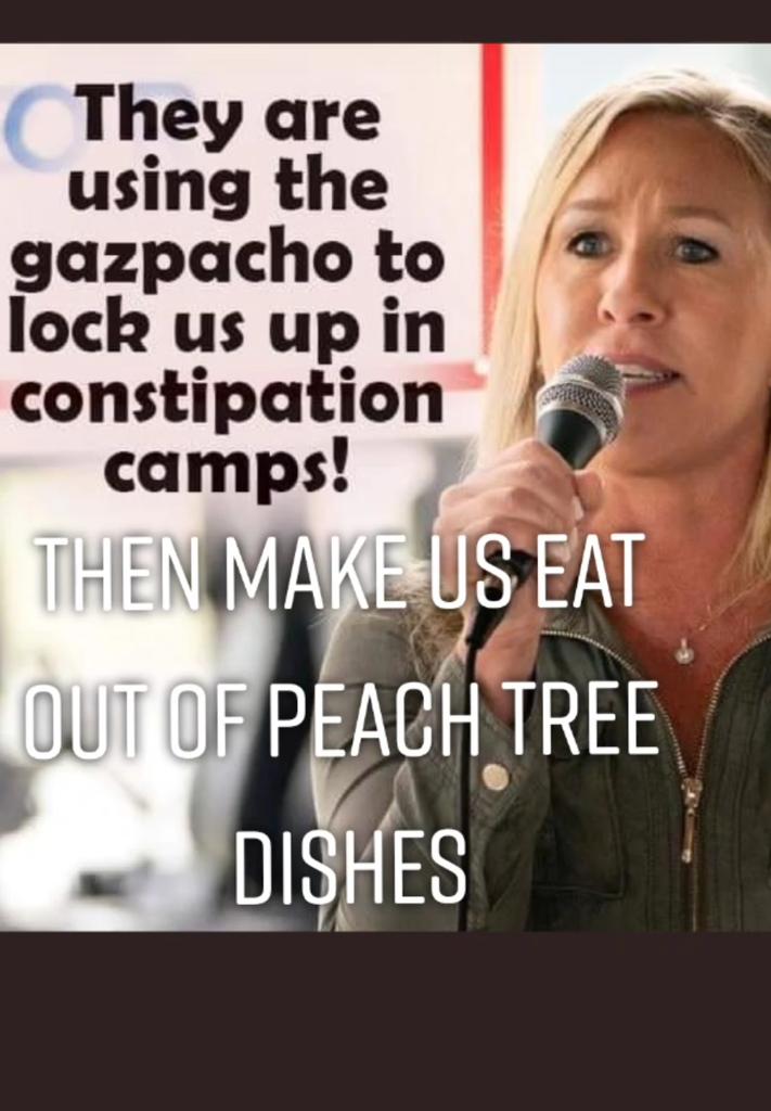 <a href="/RitchieTorres/">Ritchie Torres</a> Is she going to deploy the "Gazpacho" police and put covid samples in "peach tree" dishes? Great! Put a QANON follower in charge of a covid-19 task force. What could go wrong?