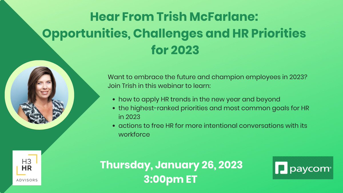 Trish_Steed's tweet photo. New opportunities, challenges, and #HR priorities are ahead this year. Join me this Thursday, January 26th at 3pm ET to discuss tips for a successful and productive 2023! @Paycom #HRTrends #Leadership
https://t.co/xk2Ky12G5M https://t.co/WbVSfA0Tq6