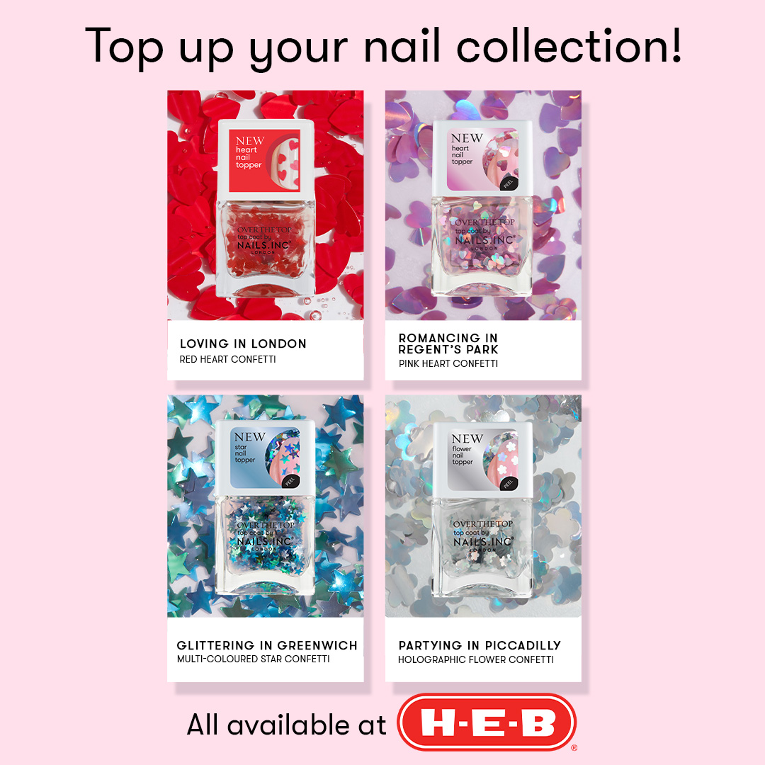 nailsinc's tweet photo. Texans! Have you shopped our range at your local @HEB yet? ๐บ๐ธ๐
You can find all of these nail toppers in store and online, for trending tips and easy nail art ๐
๐
#HEB #ShopHEB #HEBHaul #HEBTexas #NailPolish #NailToppers #NailGlitter #ProductNewness #EasyNailArt https://t.co/uxeWTrWmaX
