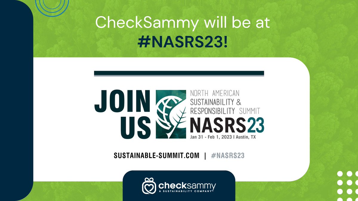 CheckSammy's tweet photo. CheckSammy is proud to be a sponsor of the North American Sustainability and Responsibility Summit, joining leading climate advocates such as South Pole.
Join us in Austin, Texas, from January 30th to February 1st, 2023.
https://t.co/t2iNIBGmYX
#NASRS23 #CheckSammy https://t.co/1yzehUIn8E