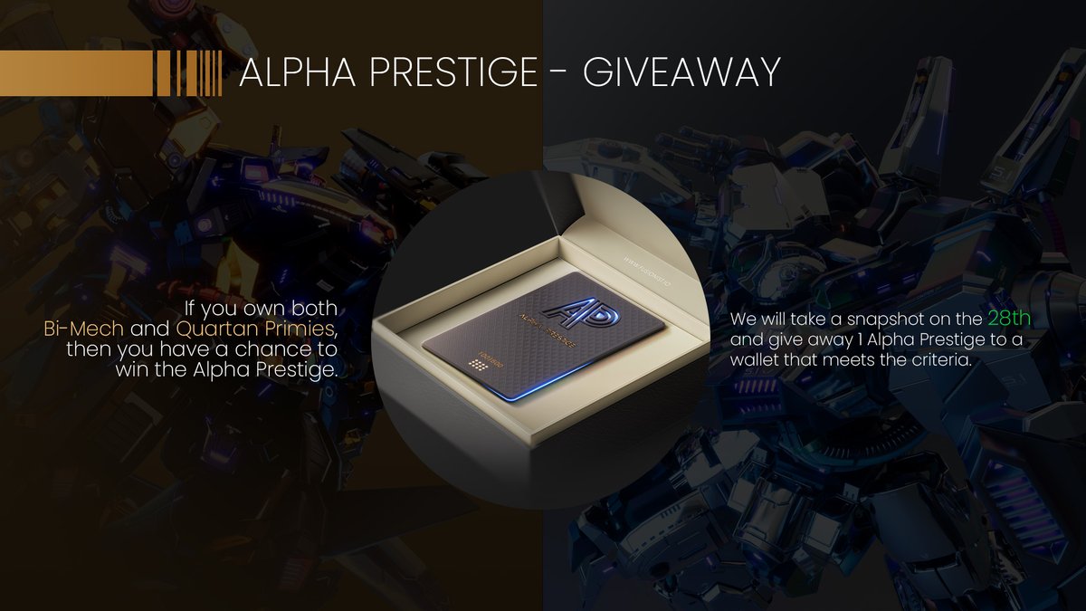 fusionistio's tweet image. Own both Bi-Mech and Quartan Primies to have a chance to win a Alpha Prestige NFT 🪄

We will take a snapshot on the 28th Jan and give away 1 Alpha Prestige NFT to a wallet that meets the criteria 🏆

Bi-Mech: binance.com/en/nft/collect…

Quartan Primies: opensea.io/collection/fus…