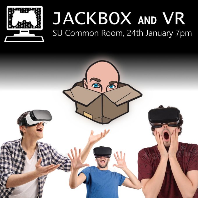 COME ONE, COME ALL!

Catch us in the SU Common Room 7-9pm Tuesday 24th January (tomorrow) - we'll be playing Jackbox and have a rotation of people playing VR games. Come say hi!