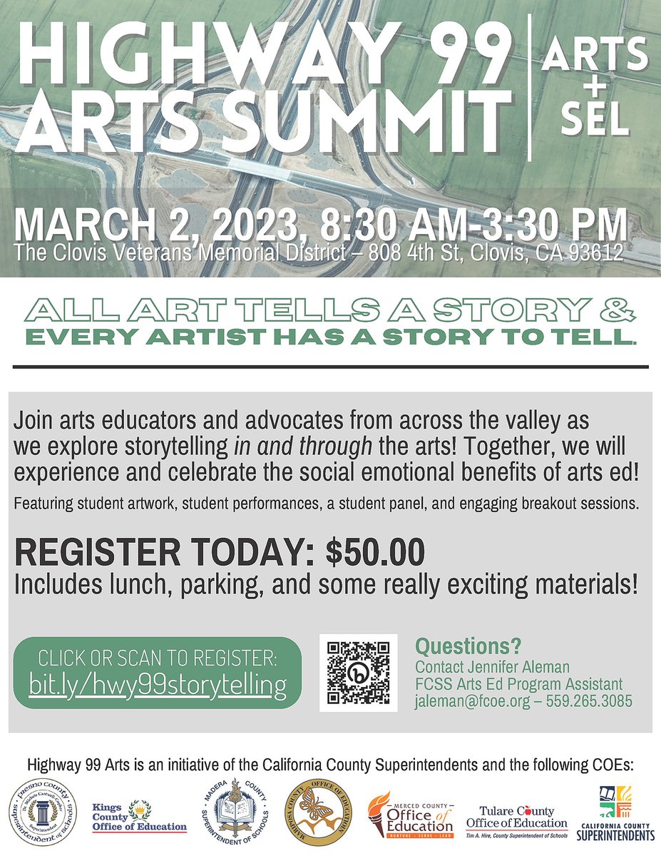 Join arts educators and advocates from across the valley on Thursday, March 2 for the Highway 99 Arts + Social Emotional Learning Summit!

The summit offers something for everyone! Register today — bit.ly/hwy99storytell…  

#MercedCOE #Hwy99Arts