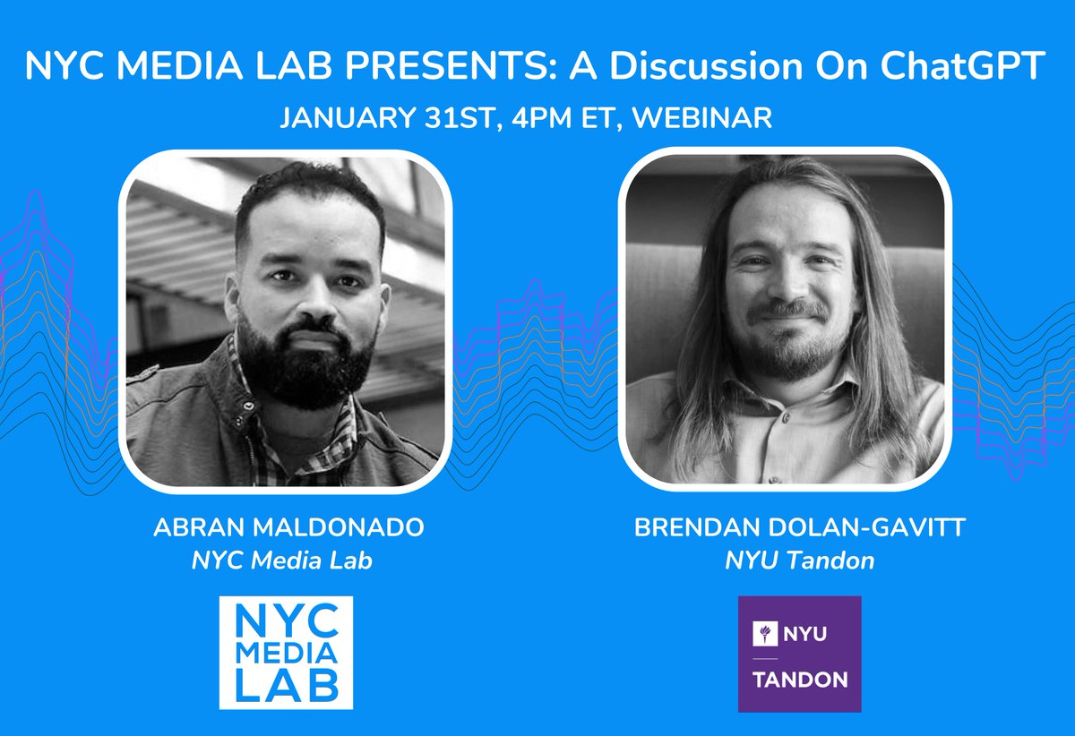 NYC Media Lab (@nycmedialab) on Twitter photo Join the <a href="/nycmedialab/">NYC Media Lab</a> for an informative discussion on OpenAI’s newly launched chatbot ChatGPT. shorturl.at/iyK02 Join the <a href="/nycmedialab/">NYC Media Lab</a> for an informative discussion on OpenAI’s newly launched chatbot ChatGPT. shorturl.at/iyK02