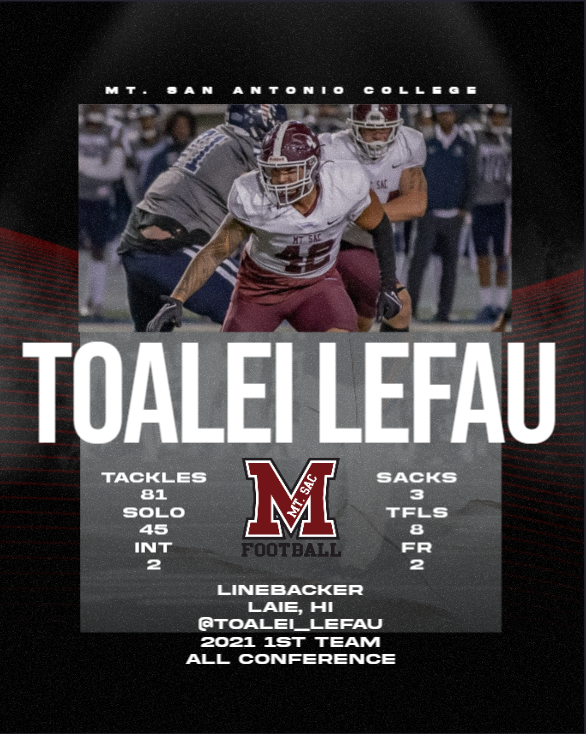 mtsacfootball's tweet photo. LB Qualifier, 2 year starter, Aggressive, great closing speed, solid tackler, natural leader, High football IQ and great Character. Highlight in bio @toalei_lefau https://t.co/MszlbEkmw0