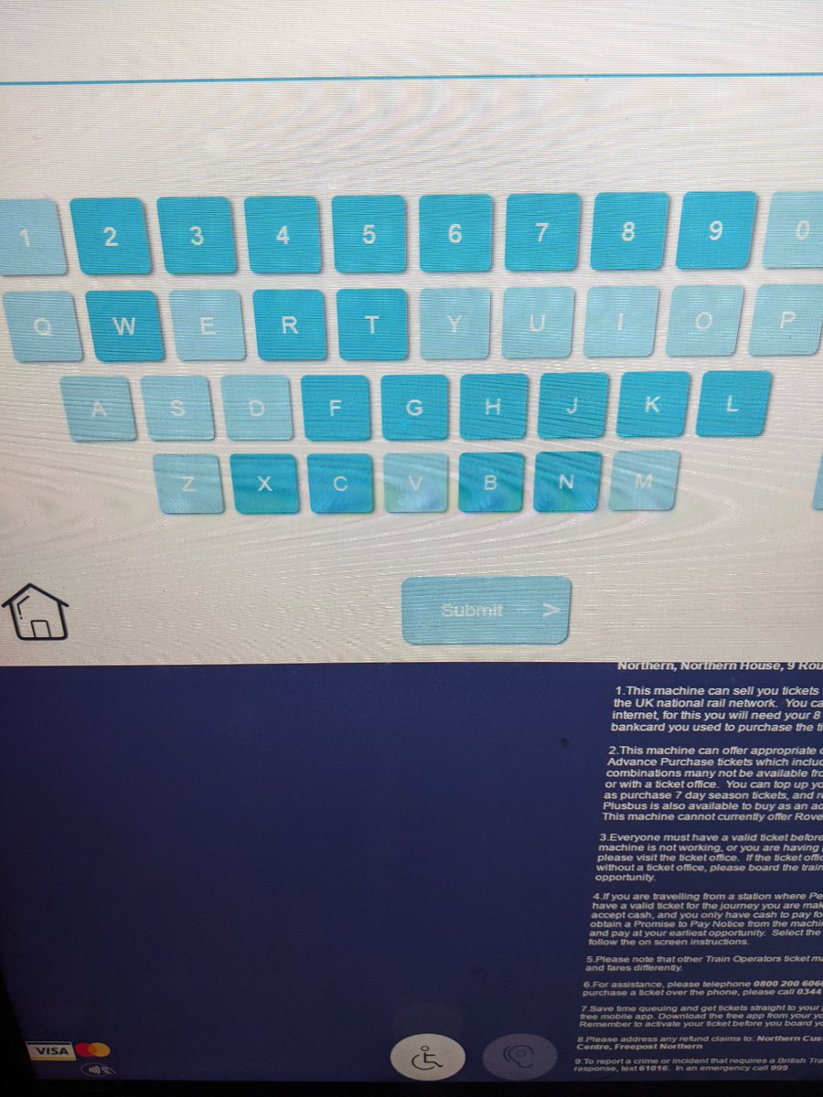 Mudr0ch's tweet photo. @northernassist  I've just tried to pick up a ticket for travel on Thu. The code begins with M. Which the station machine won't let me type. What gives? https://t.co/yUu2cuy4By