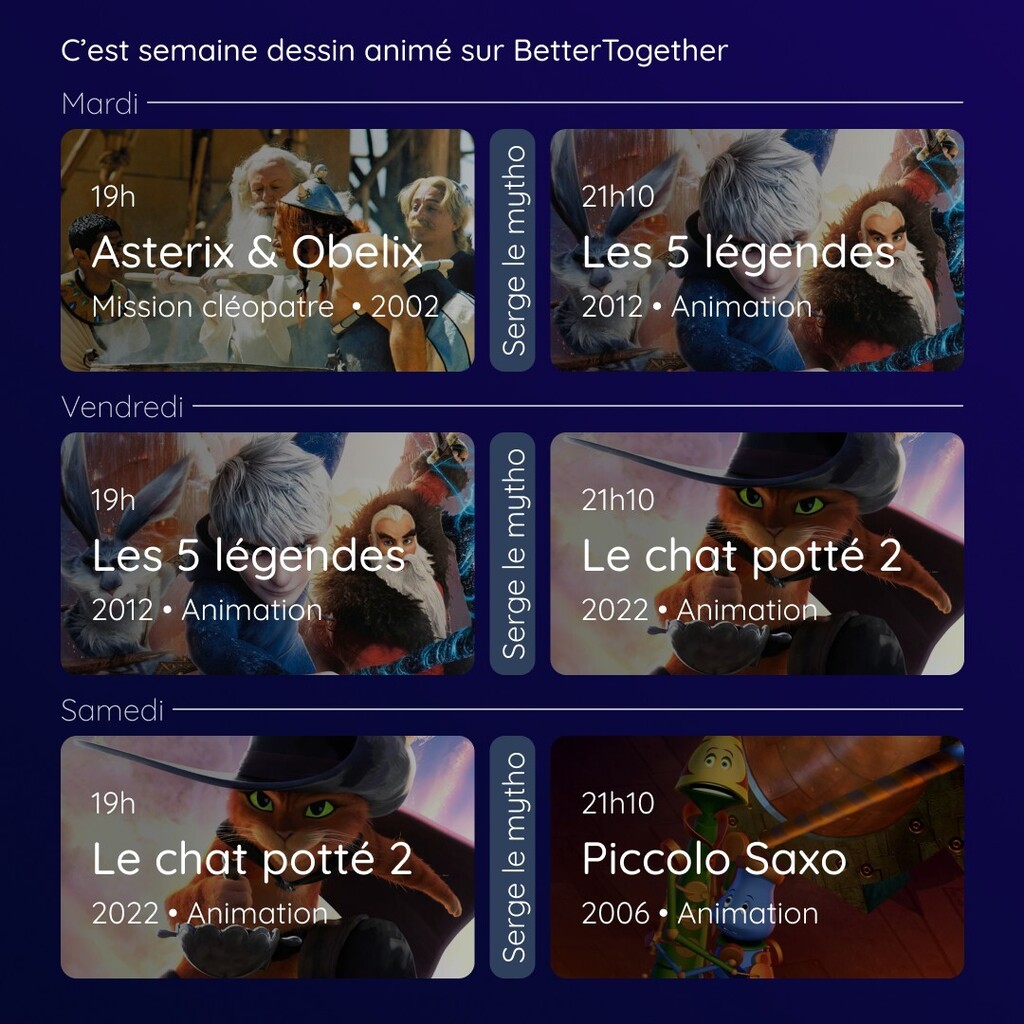 Nat_intosh's tweet photo. Cette semaine on charbonne sur BetterTogether ! On tente encore un nouveau planning pour que ça plaise à tout le monde tout en donnant l'avantage aux diffusions de 21h10 parce que l'exclusivité c'est fun.
Diffusions principales : 
Lundi : Les cinq légendes
Vendredi : Le Chat… https://t.co/faBk7o97x7