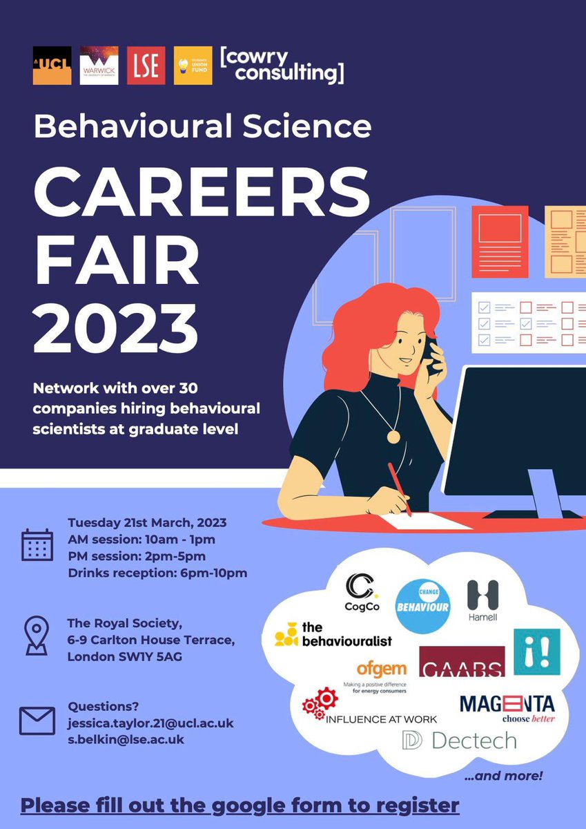 Announcing a very exciting event coming up! 📢 With <a href="/UCLBIT/">UCL Behavioural Innovations Team</a>,  <a href="/WarwickBIT/">WBIT</a> and <a href="/CowryConsulting/">Cowry Consulting</a>, we will hold
a Behavioural Science Careers Fair on 21st March for students/graduates to network with companies hiring for these roles. Limited tix! 🚨
Sign up: docs.google.com/forms/d/e/1FAI…
