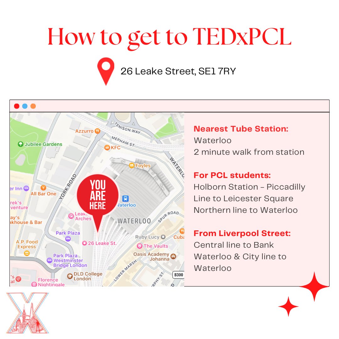 tedxpcl's tweet photo. TEDxPCL is fast approaching so here’s a guide to help you when coming to our venue 🌟
There is still time to grab your tickets, so you don’t miss out on the biggest TEDxPCL event yet - click the link in our bio 👀

#tedxpcl #tedxpcl2023 #tedtalks #tedx #pearsoncollegelondon https://t.co/HmZD1ZG7cx