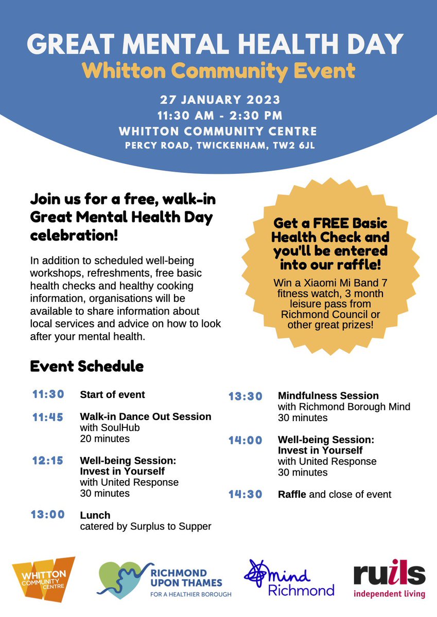 Whitton Community Centre (@whittoncommctr) on Twitter photo You can just walk in but also see the schedule of events for the day. <a href="/LBRUT/">Richmond Council</a> <a href="/rb_mind/">Richmond Borough Mind</a> <a href="/Ruils/">Ruils</a> <a href="/ThriveLDN/">Thrive LDN</a> #MentalHealth You can just walk in but also see the schedule of events for the day. <a href="/LBRUT/">Richmond Council</a> <a href="/rb_mind/">Richmond Borough Mind</a> <a href="/Ruils/">Ruils</a> <a href="/ThriveLDN/">Thrive LDN</a> #MentalHealth