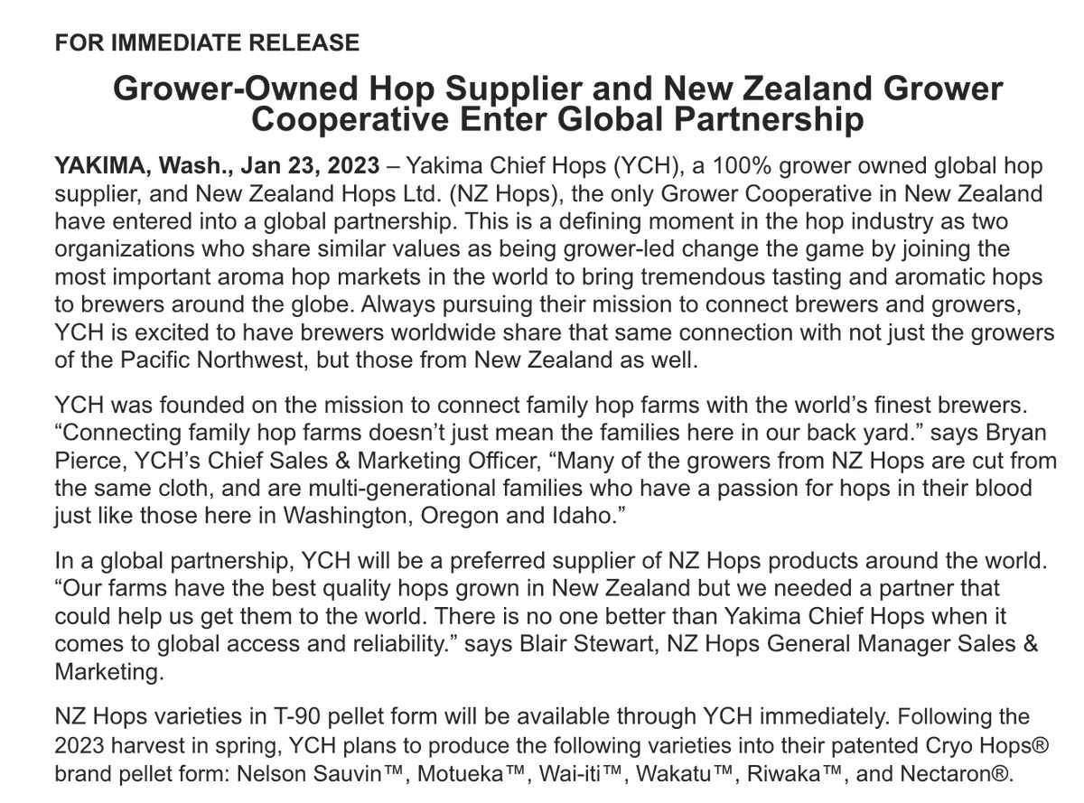 Seems like this is a pretty big deal in the hop world: Grower-owned <a href="/YakimaChief/">Yakima Chief Hops</a> Hops and New Zealand Hops Ltd., that country's only grower co-op, are entering a partnership.
