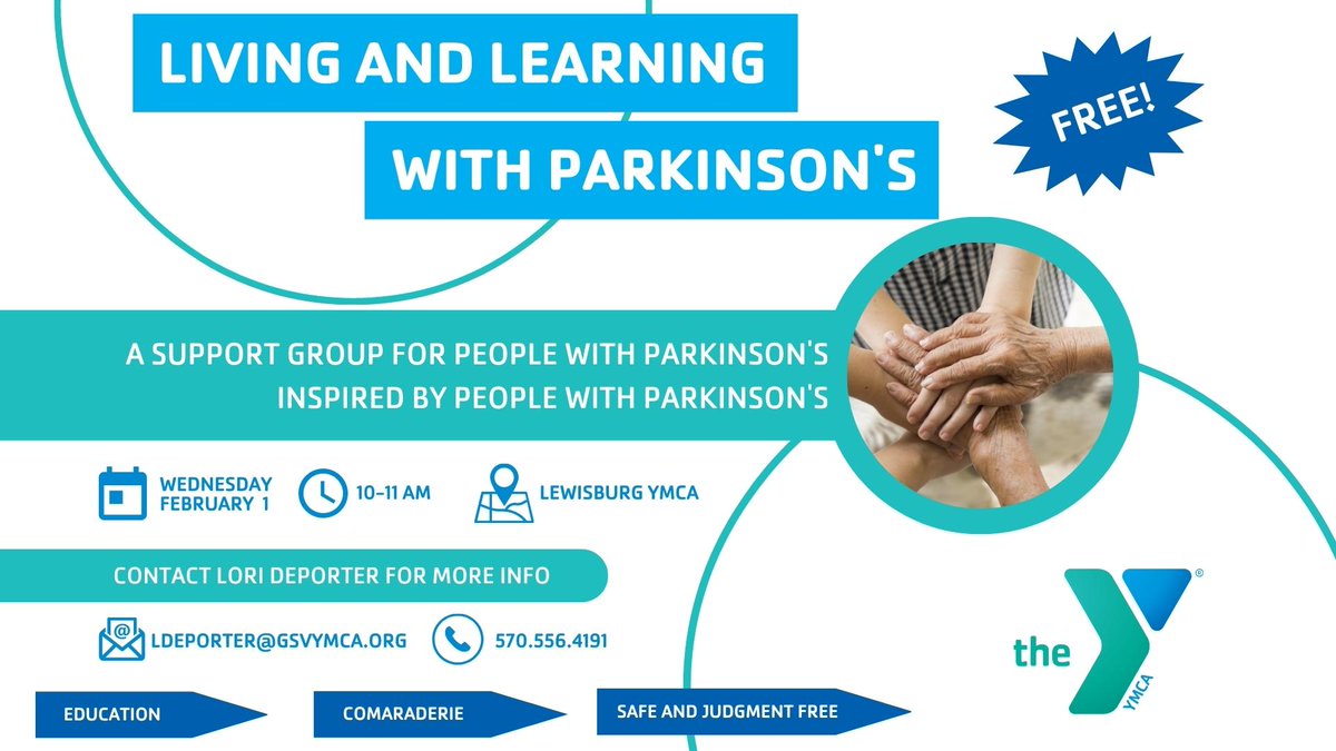 The Lewisburg YMCA is offering a brand new support group for those living with Parkinson's disease. The first meeting will be Wednesday, February 1, at 10 am, here. The group is free for all who attend. For more info, please contact Lori DePorter at ldeporter@gsvymca.org.