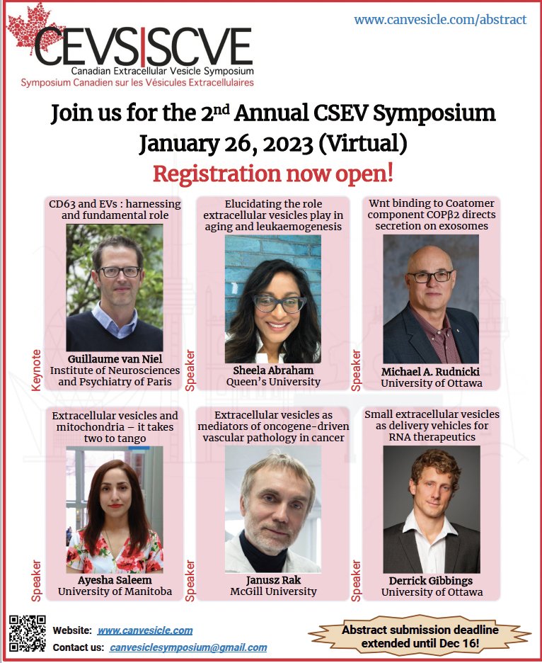 asaleem_'s tweet photo. Interested in #extracellularvesicles? Come catch the 2nd Canadian EV Symposium on Zoom Thurs Jan 26 (free to register & attend) & catch up on all the cool science in the neighbourhood! Live talks from trainees & PIs, including #Saleemlab trainees @PachieObi & @SamiraSeif #proudPI https://t.co/eOJaftpVar