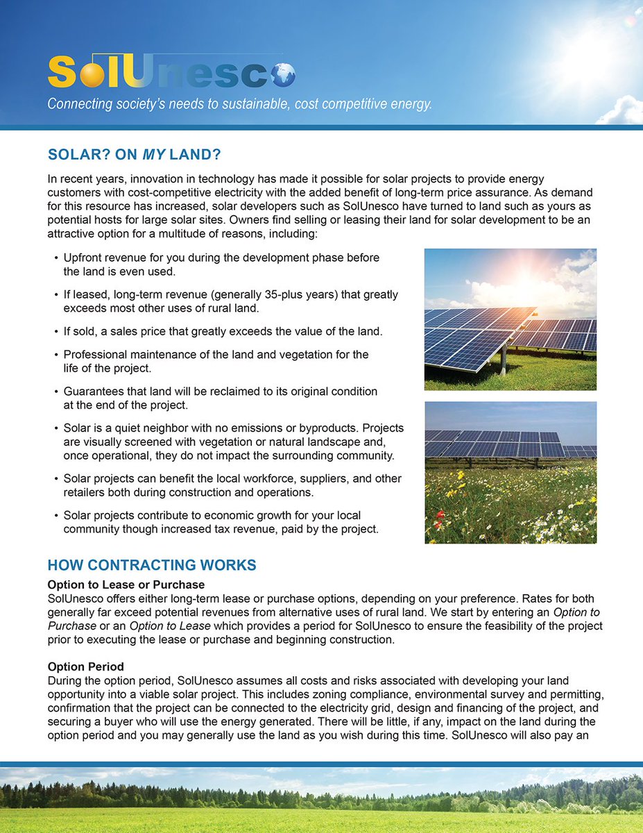 SolUnesco's tweet photo. Solar? On my land? Learn why leasing or selling your land for #solar development can be a very attractive option. PDF download here: https://t.co/feBbvsHHxR

#solarenergy #solarpower #renewables #utilityscalesolar #vasolar #solardev #cleanenergy #energy #renewableenergy https://t.co/g4oApIkG16