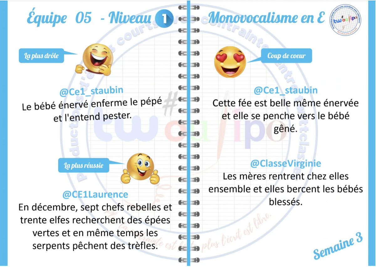 tw_oulipo's tweet photo. Un grand bravo à toutes les classes de l'EQ05 pour leurs phrases avec un mono vocalisme en E !  
@Ce1Braque
@Ce1_staubin
@ClasseVirginie
@Ce1Roseraie
@CE1Laurence
@Strlas_E
@CE1ADEBERTHELOT https://t.co/QZ8suwkLe1