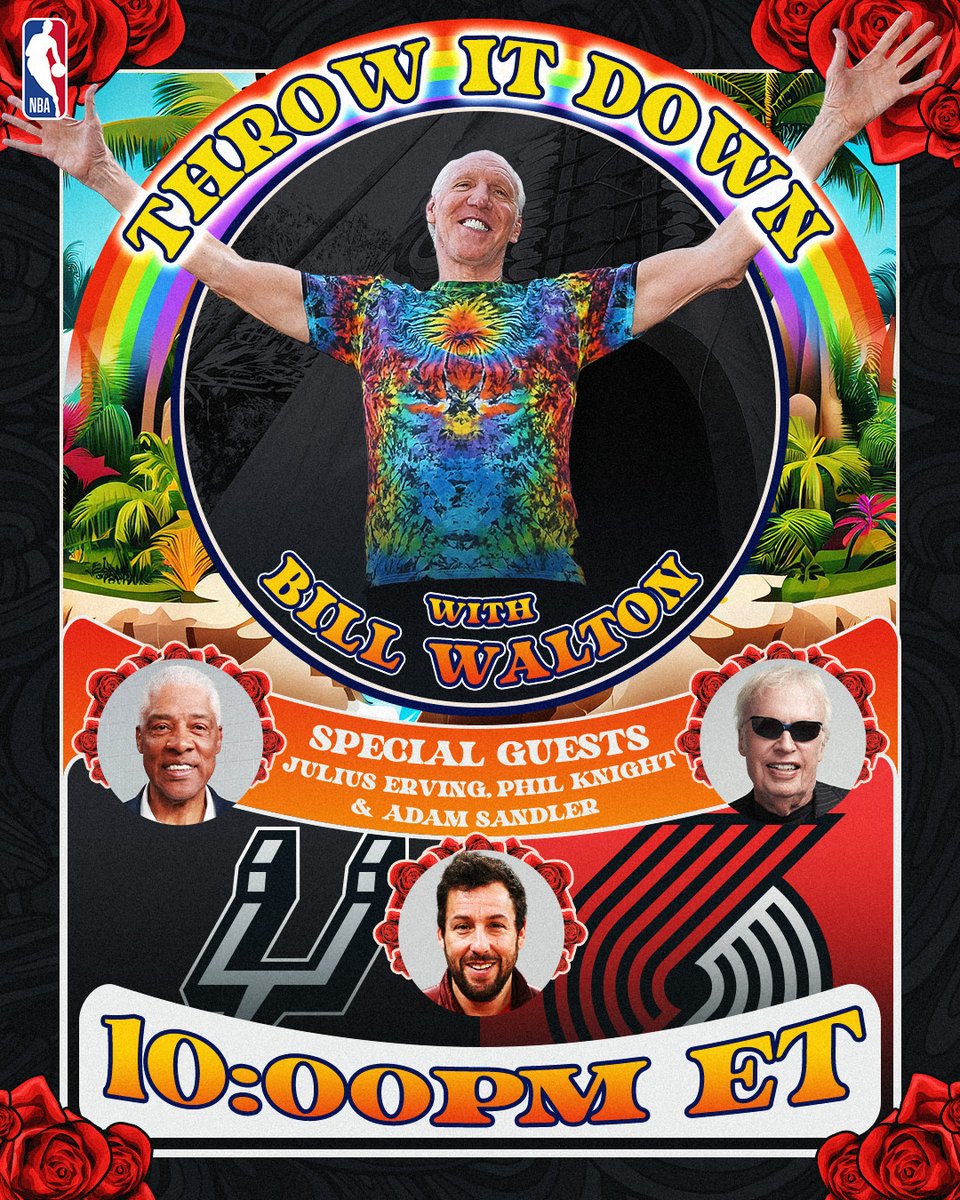 NBA's tweet photo. Get ready for #NBAThrowItDown with @BillWalton, TONIGHT only on the NBA App!

The Hall of Fame hooper and legendary broadcaster is on the call for Spurs/Trail Blazers with special guests Dr. J, Phil Knight and Adam Sandler, tonight at 10pm/et!

➡️https://t.co/XJUral6kPG https://t.co/mlsWWiSVhW