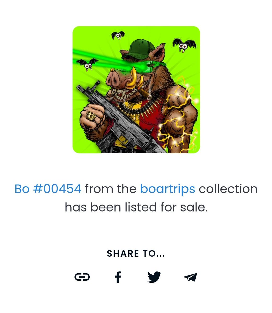 By NFTStrips 🤜🤛 🐗

BOARTRIPS!!! HANDMADE. 
#token - Erc 1155. Quantity max in gallery 10000 units.

👌👌 Let's go!

#NFTs  #nftopensea #NFTspace #shibadoge 🤝
#NFTGiveaway #NFTCommunity #NFTCollection  #OpenSeaNFT #OpenSeaCommunity  #NFTdrop #Ethereum  #NFTGiveaway #Metaverse