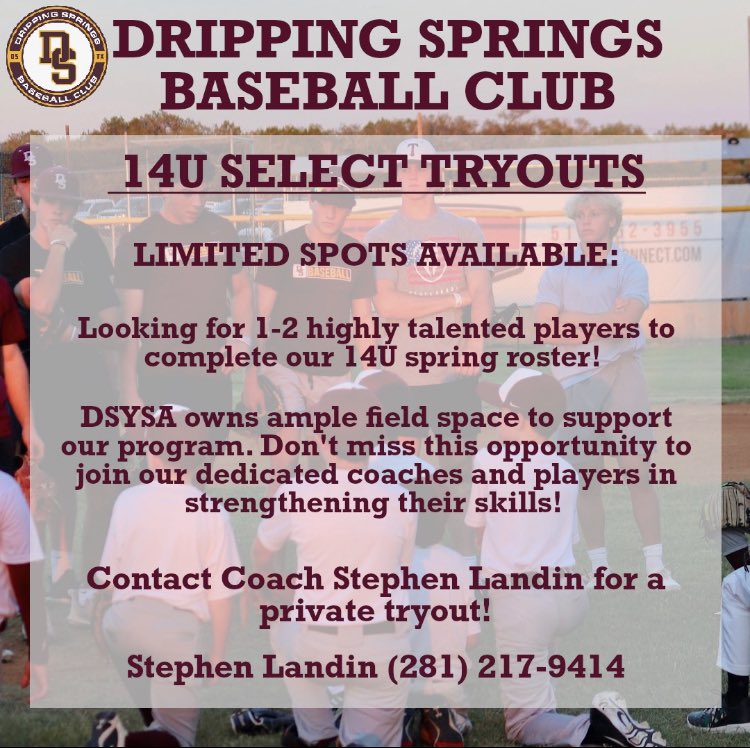 DSBaseballClub's tweet image. The #DSBaseballClub provides an environment for players to build skills, build community, and THRIVE!

Contact Coach Stephen Landin to tryout for our #14U #selectbaseball team ⚾️ LIMITED spots available for a few talented players. Don’t miss this opportunity to join the #DSBC!