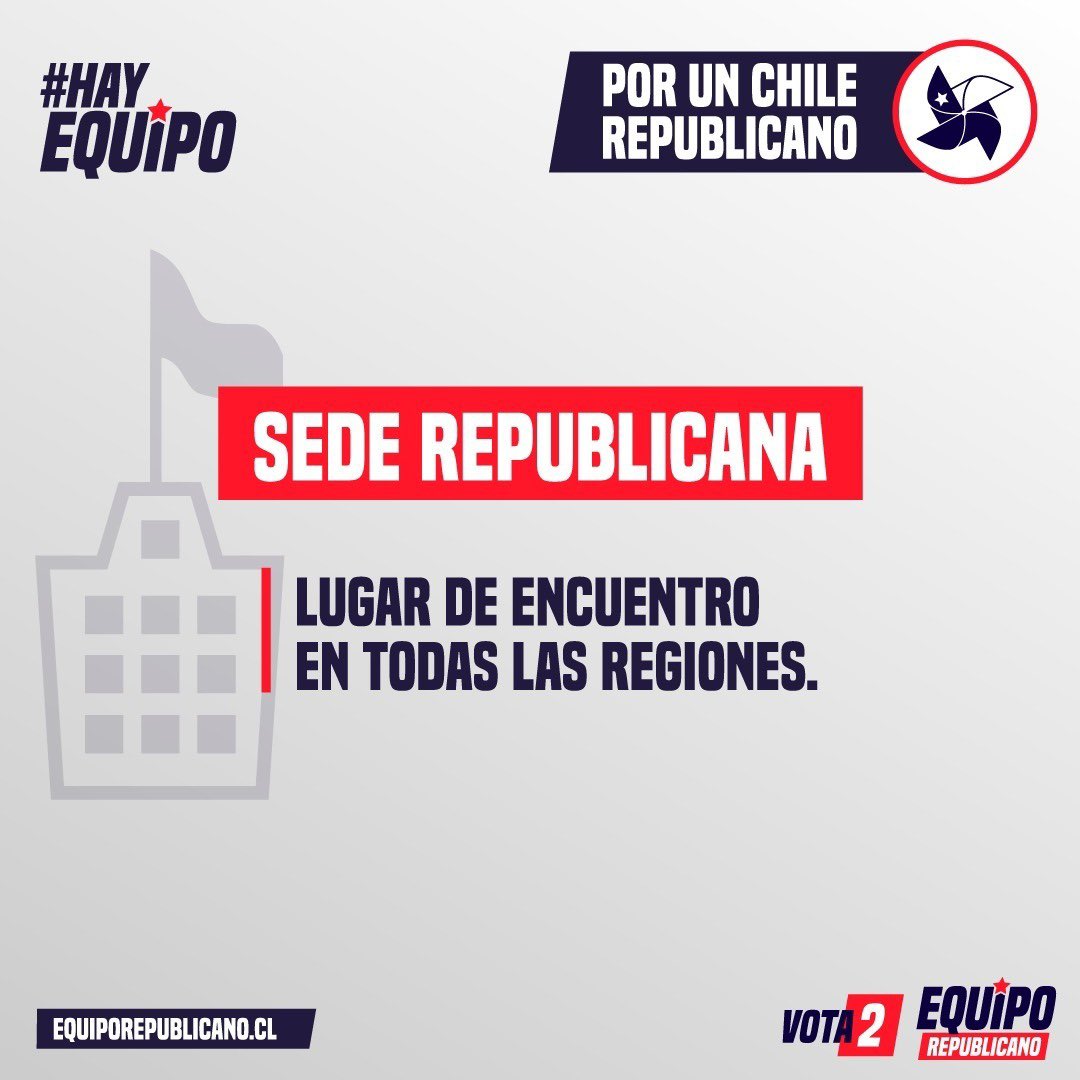 Porque tener un lugar de encuentro en todo Chile es parte de nuestros desafíos #Vota2
#HayEquipo en todo Chile 💪🏻🇨🇱 
 ¡No lo olvides! Este 29 y 30 de enero, los militantes Republicanos ¡Votan 2!