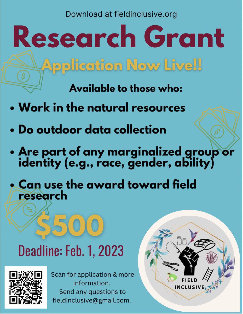 🚨🚨ECP grant opportunity! 🚨🚨

@fieldinclusive is offering a $500 grant to support field research! The award can go toward field equipment, field housing, transportation, or salary. Find out more and apply at fieldinclusive.org/research-grant…

Deadline: Feb 1
Award received: Late March