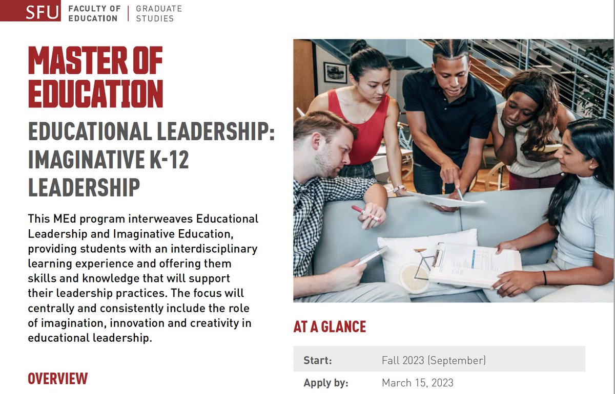 Come study with me! Get your MEd in Imaginative K12 Leadership through <a href="/sfueducation/">SFU Faculty of Education</a> #imaginED  
Got questions? Come to the upcoming info session: sfu.ca/education/prog…