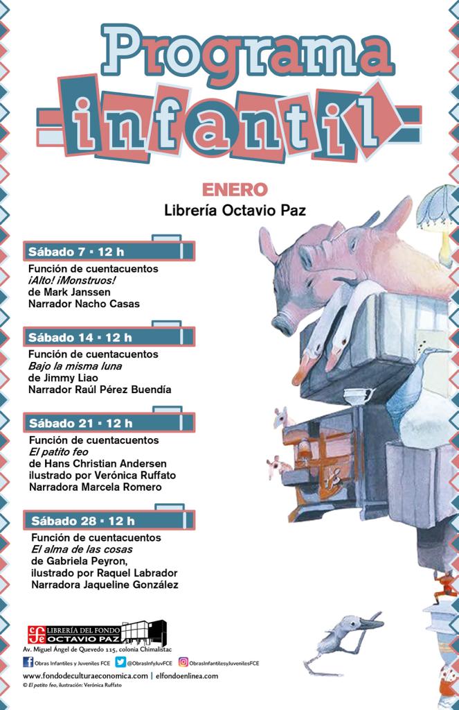 FCEMexico's tweet image. ¡Hoy a las 12 hrs. tenemos funciones de cuentacuentos en nuestras librerías, los esperamos!
#LibreríaOctavioPaz
#LibreríaRosarioCastellanos
#LibreríaEusebioRuvalcaba
#LibreríaJoséLuisMartínez
#RepúblicaDeLectores #LeerTransforma