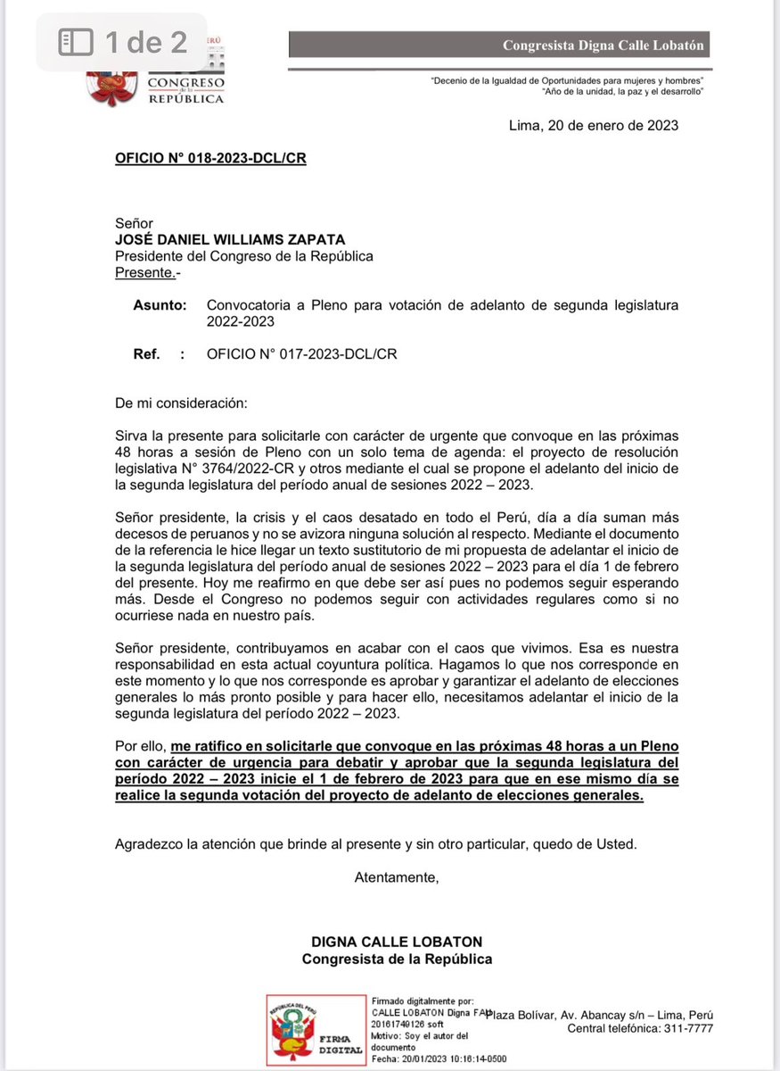 DanielUrresti1's tweet photo. URGENTE... Podemos Perú exige al presidente del Congreso que la legislatura se inicie el 01 de febrero y que la fecha de las nuevas elecciones se fije de inmediato.
El pueblo quiere adelanto de elecciones YA. 
¡Basta de tantas muertes por no escuchar a la gente! https://t.co/WDpWcOI8ZZ