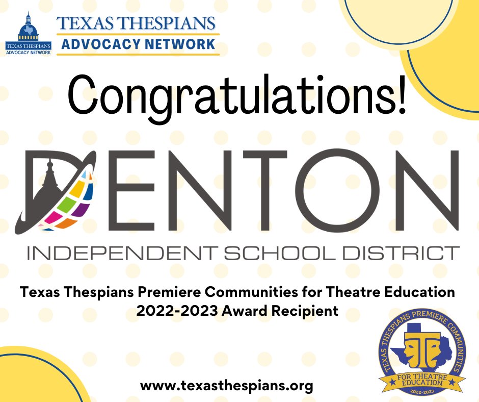 Texas Thespians (@texas_thespians) on Twitter photo Please help us congratulate <a href="/dentonisd/">Denton ISD</a> as a Texas Thespians Premiere Communities for Theatre Education Award recipient! Please help us congratulate <a href="/dentonisd/">Denton ISD</a> as a Texas Thespians Premiere Communities for Theatre Education Award recipient!