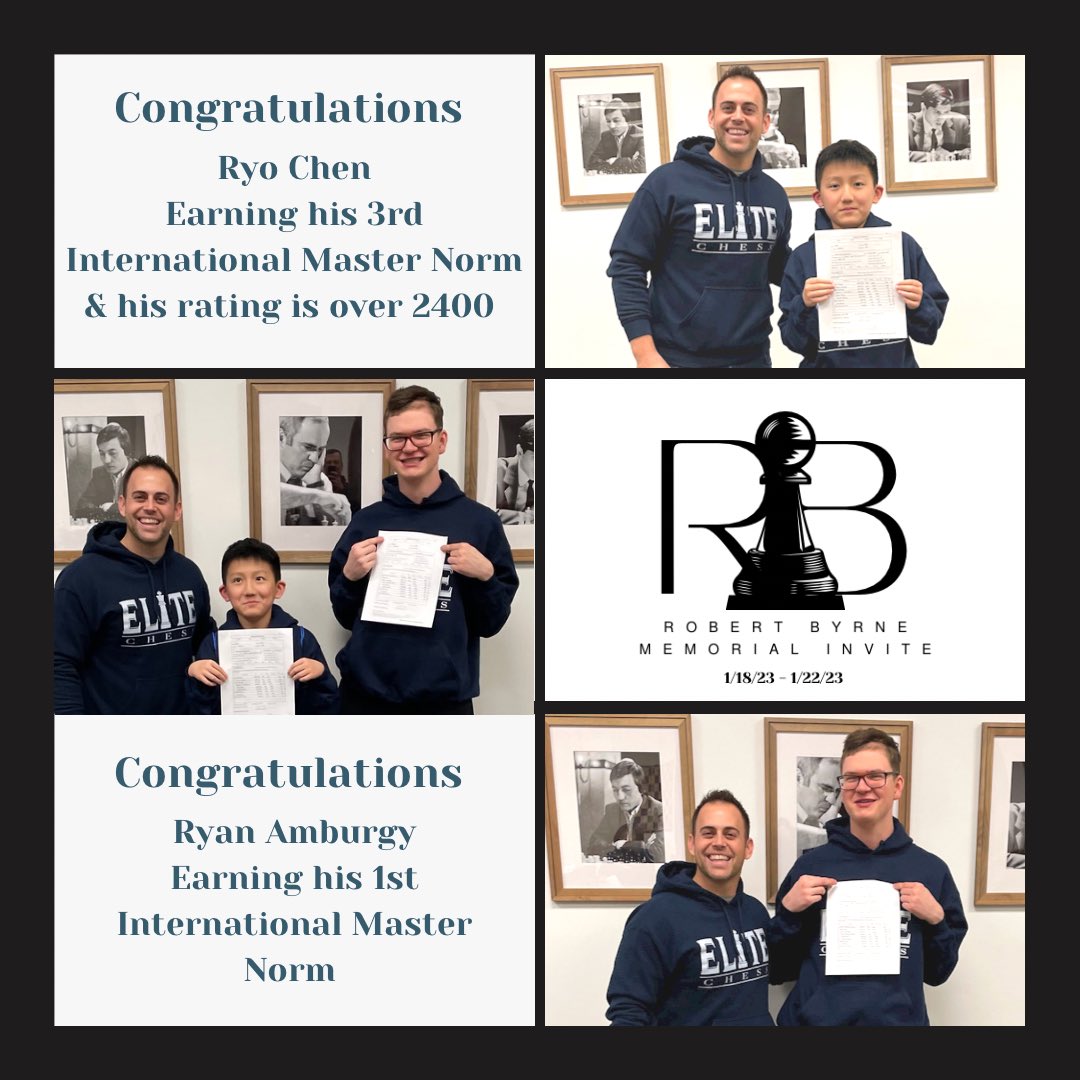 Congratulations to Ryo Chen for earning his 3rd International Master Norm and Ryan Amburgy for earning 1st International Master Norm <a href="/elite_chess/">Jeff DiOrio</a> Robert Byrne Memorial Invite this weekend!♟️ #chess #internationalmaster #chesstournament #normtournament #chesscenter #elitechessil