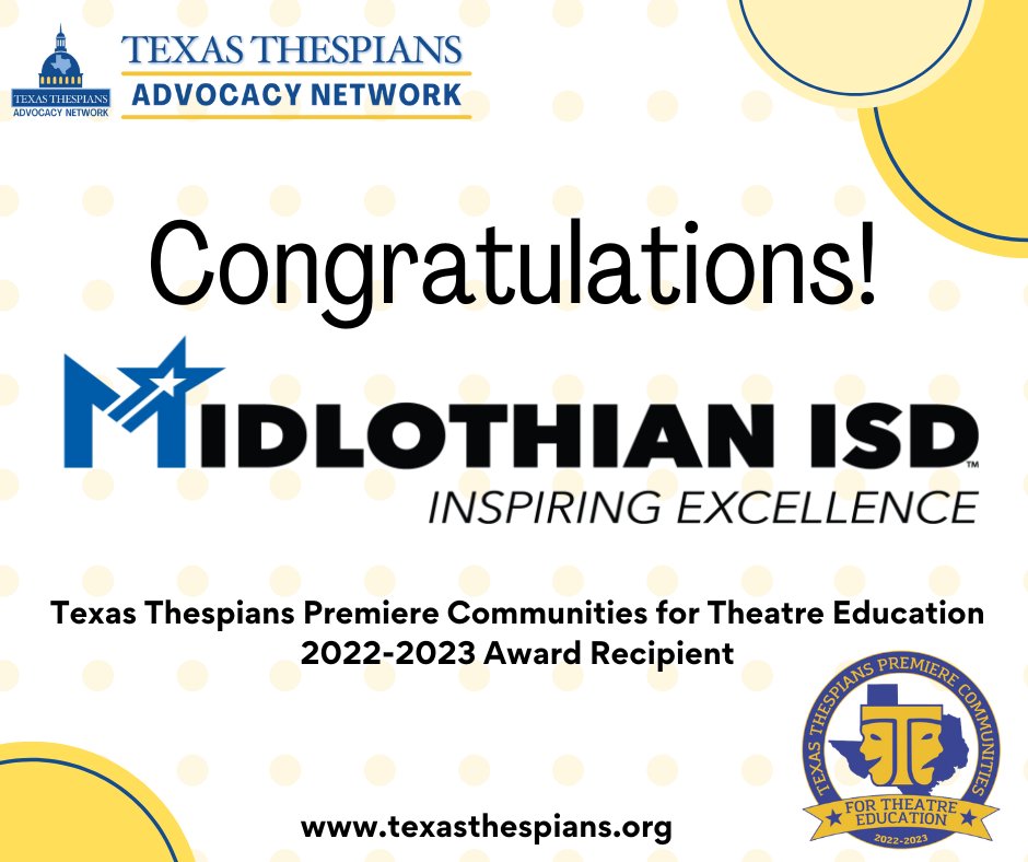Texas Thespians (@texas_thespians) on Twitter photo Please help us congratulate <a href="/MidlothianISD/">Midlothian ISD</a> as a Texas Thespians Premiere Communities for Theatre Education Award recipient! Please help us congratulate <a href="/MidlothianISD/">Midlothian ISD</a> as a Texas Thespians Premiere Communities for Theatre Education Award recipient!