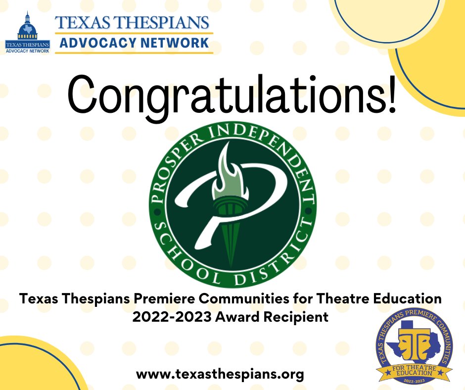 Texas Thespians (@texas_thespians) on Twitter photo Please help us congratulate <a href="/ProsperISD/">Prosper ISD</a> as a Texas Thespians Premiere Communities for Theatre Education Award recipient! Please help us congratulate <a href="/ProsperISD/">Prosper ISD</a> as a Texas Thespians Premiere Communities for Theatre Education Award recipient!