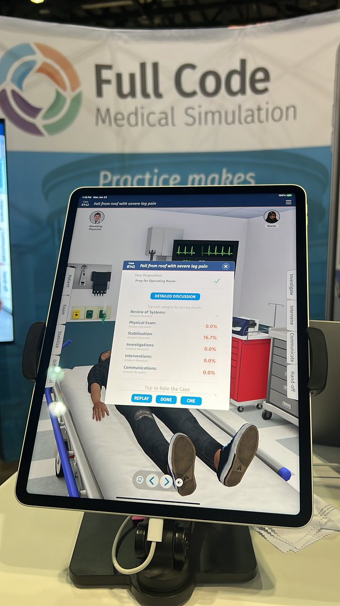 HealthySim's tweet photo. @fullcodemedical’s #virtualpatient simulation enables 360 immersive scenes. One of the few software solutions that is mobile-first, diagnosis-focused, and offers real medical imaging. #MedSim #IMSH2023 https://t.co/Y29q8Ei3uY