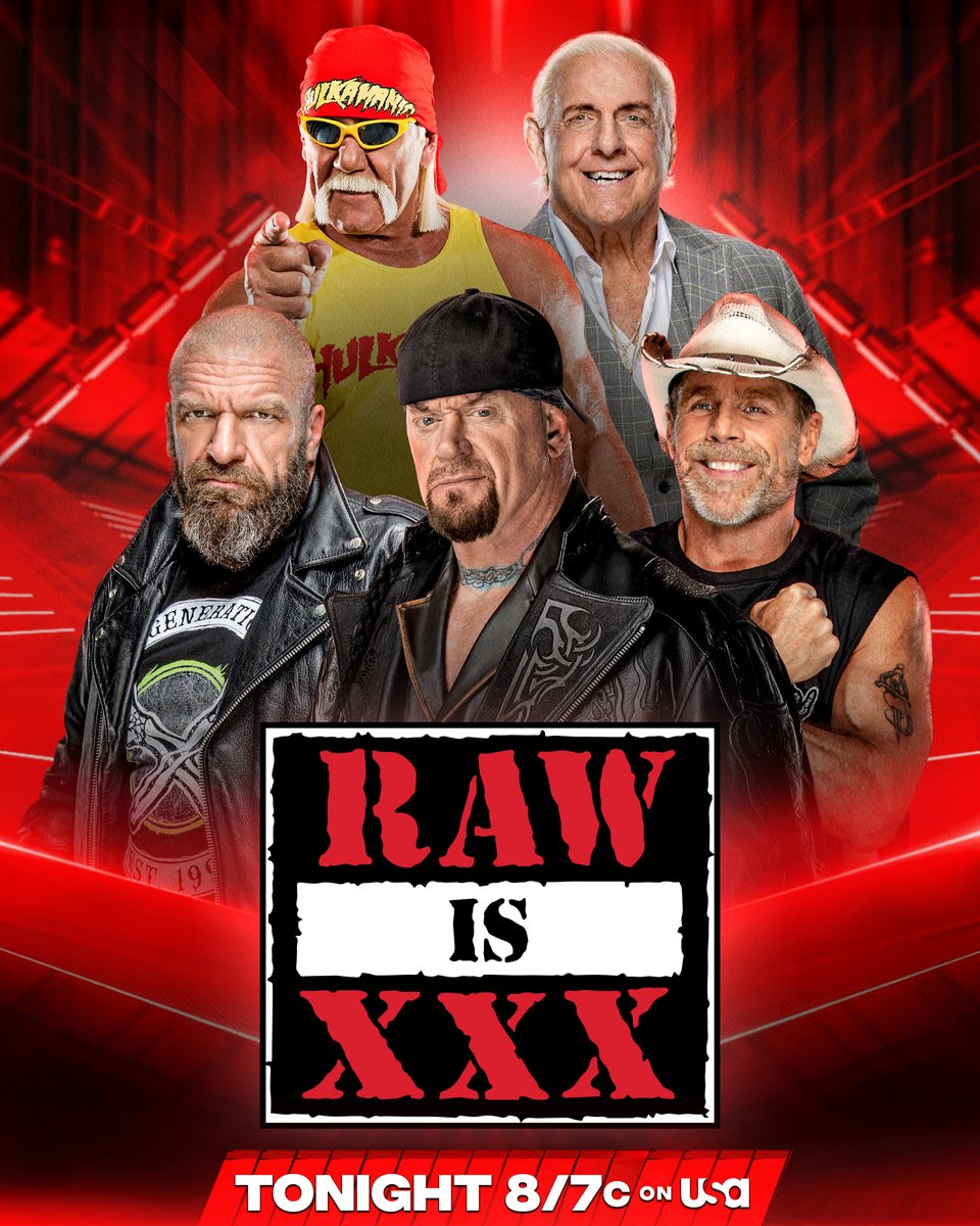 WWE's tweet image. TONIGHT on #RAWisXXX 

Multiple WWE Legends are set to appear as part of the historic Raw 30 celebration, and you never know who might show up...

📺 8/7c on @USA_Network