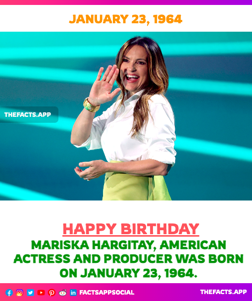 factsappsocial's tweet photo. #OnThisDay #DidYouKnow Mariska Hargitay, American #actress and #producer was born on January 23, 1964. #HappyBirthday #EmmyAward #OliviaBensonGoals #Glamour #movies #FactsApp https://t.co/TNfdSyVUiQ